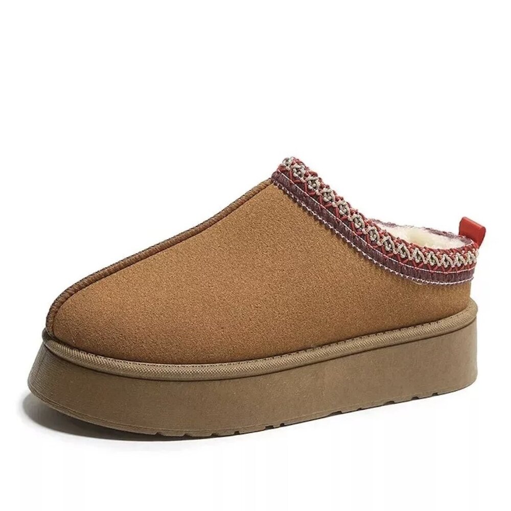 Women's Suede Lined Warm Platform Ankle Slippers US 6-8 Hard High Sole Brown